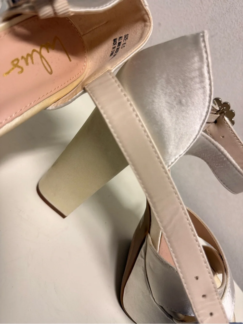 Lulu's Ivory Satin Platform Block Heel Sandals with Rhinestone Buckle